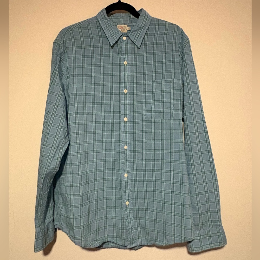 Faherty Coastline Knit Shirt in Blue Green Plaid 100% Cotton L
